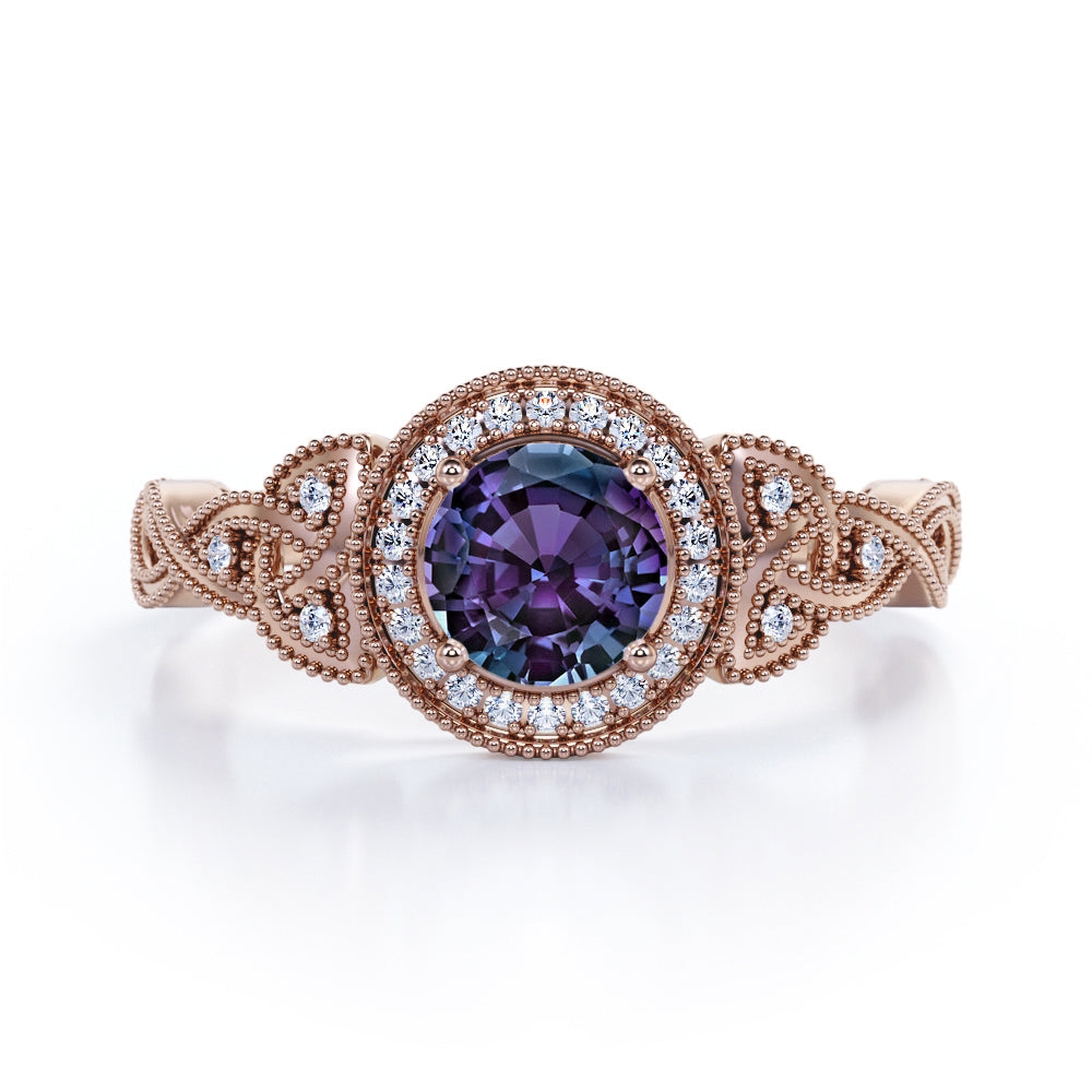 Infinity Round 1.35 Carat Lab Created Alexandrite And Diamond Vintage Milgrain Halo Engagement Ring In White Gold For Her