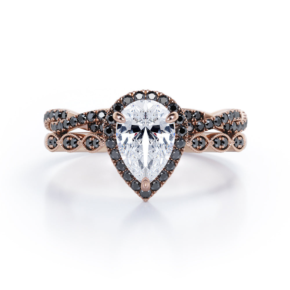 Eternity Crossover 1.75 TCW Pear Shaped Moissanite with Lab Created Black Diamond Halo-Vintage Style Wedding Ring Set in White Gold