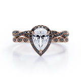 Eternity Crossover 1.75 TCW Pear Shaped Moissanite with Lab Created Black Diamond Halo-Vintage Style Wedding Ring Set in White Gold