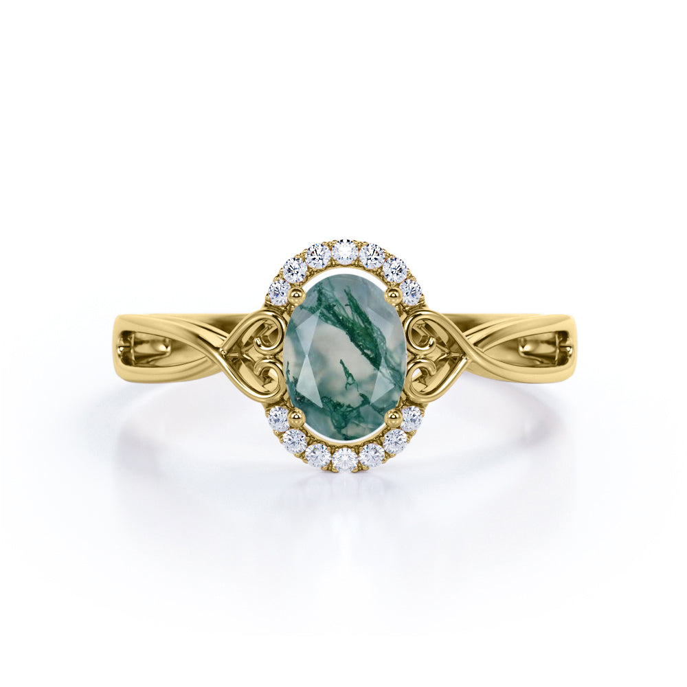 Lovely 0.6 carat Oval Moss Agate and Moissanite Hearted Split Shank Engagement Ring in Rose Gold