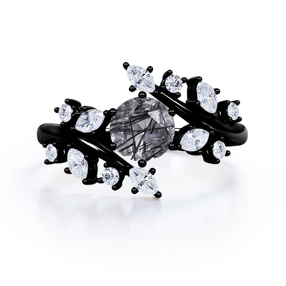 Floral 1.35 ct Round Black Rutilated Quartz Engagement Ring