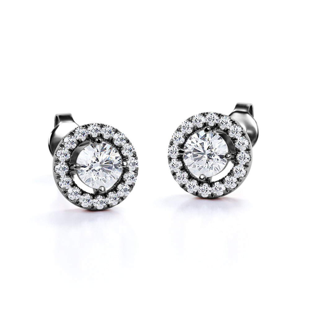 Half Bezel Set 1.10 Carat Round Certified Moissanite and Diamond Under Halo Modern Stud Earrings in White Gold