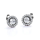 Half Bezel Set 1.10 Carat Round Certified Moissanite and Diamond Under Halo Modern Stud Earrings in White Gold
