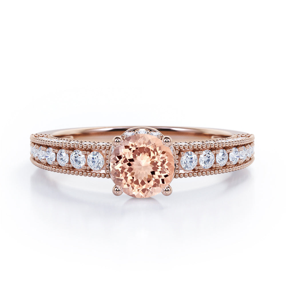 Classic Four Prong 1.45 Carat Round Cut Morganite And Diamond Vintage Milgrain Engagement Ring In White Gold