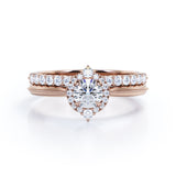 Beaded 0.60 Carat TDW Brilliant Round Cut Diamond Halo Antique Wedding Ring Set In White Gold