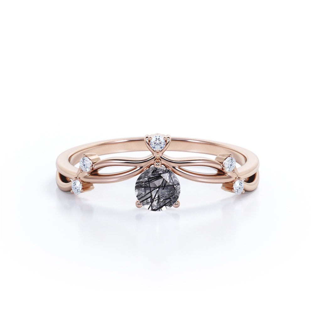 Contour Solitaire 0.60 Carat Round Cut Smokey Black Needles Rutilated Quartz and Diamond Modern Engagement Ring