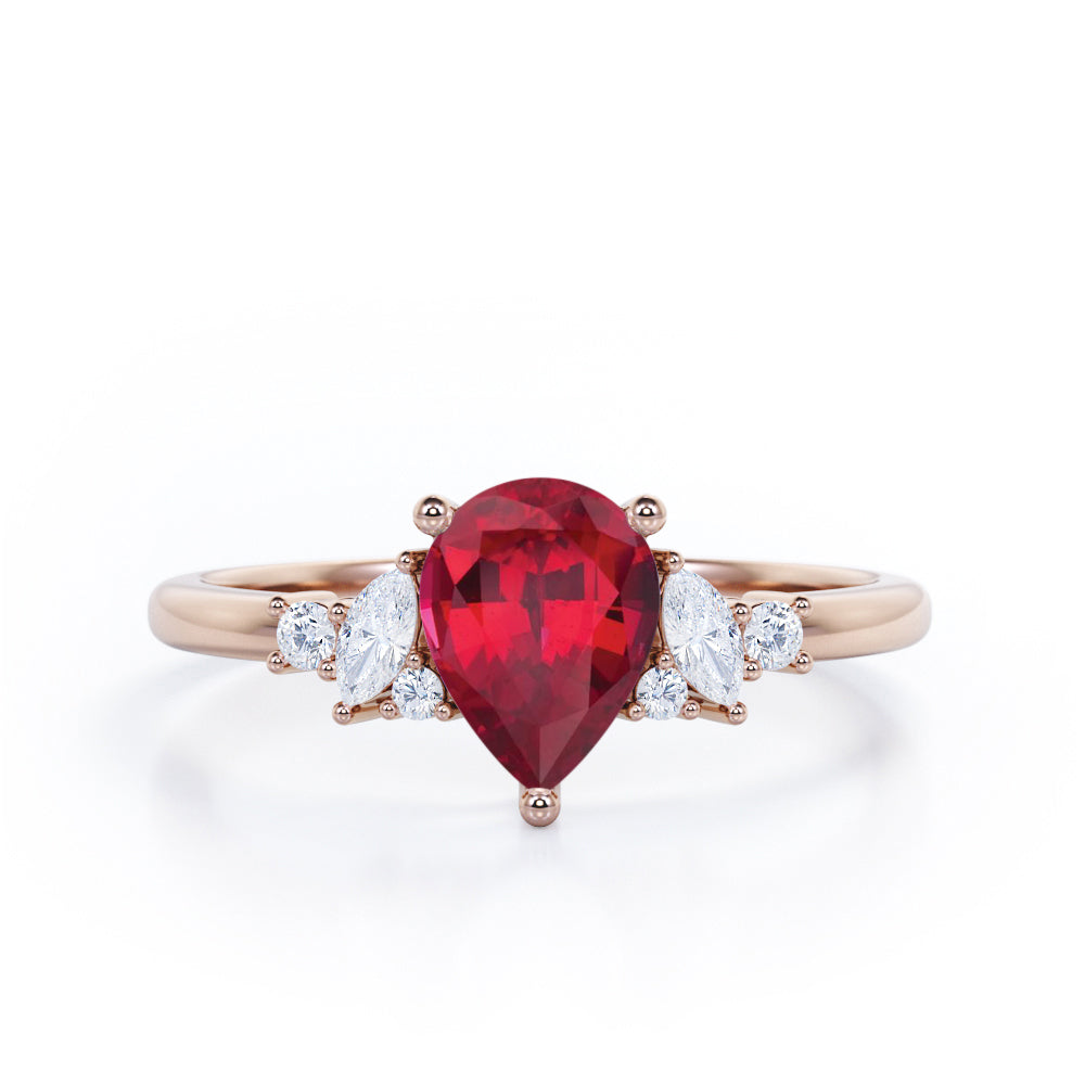 Fashionable 7 Stones 0.6 carat Pear Lab-Created Ruby and Diamond Engagement Ring in White Gold