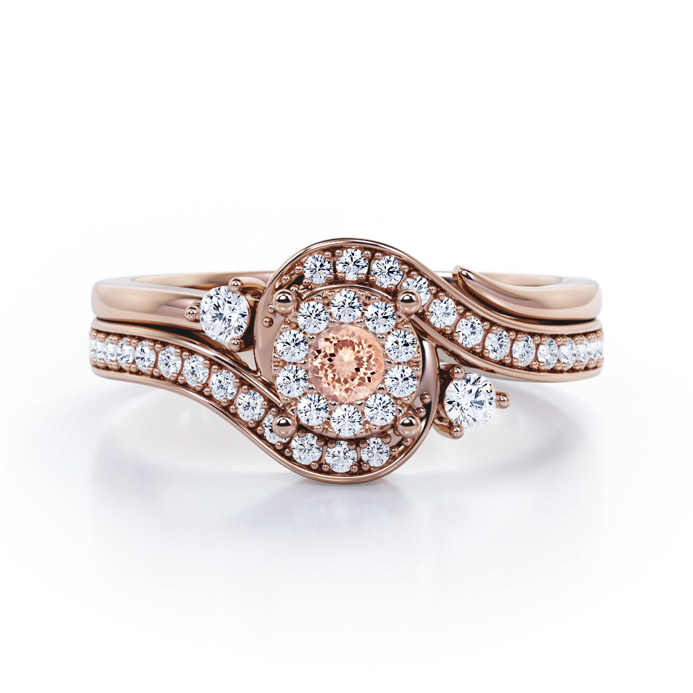 Pave-Prong Design 0.55 TCW Round Shape Morganite and Moissanite Bridal Ring Set in White Gold