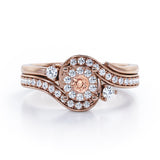 Pave-Prong Design 0.55 TCW Round Shape Morganite and Moissanite Bridal Ring Set in White Gold
