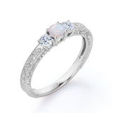 Modern Art Deco 1.15 Carat Round Cut Precious Fire Opal And Diamond Three Stone Engagement Ring In White Gold