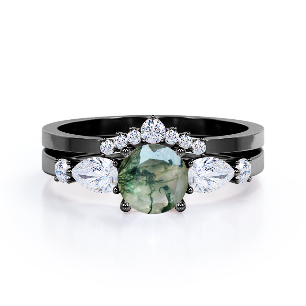 Contour Crown 0.8 Carat Round Moss Agate Bridal Set