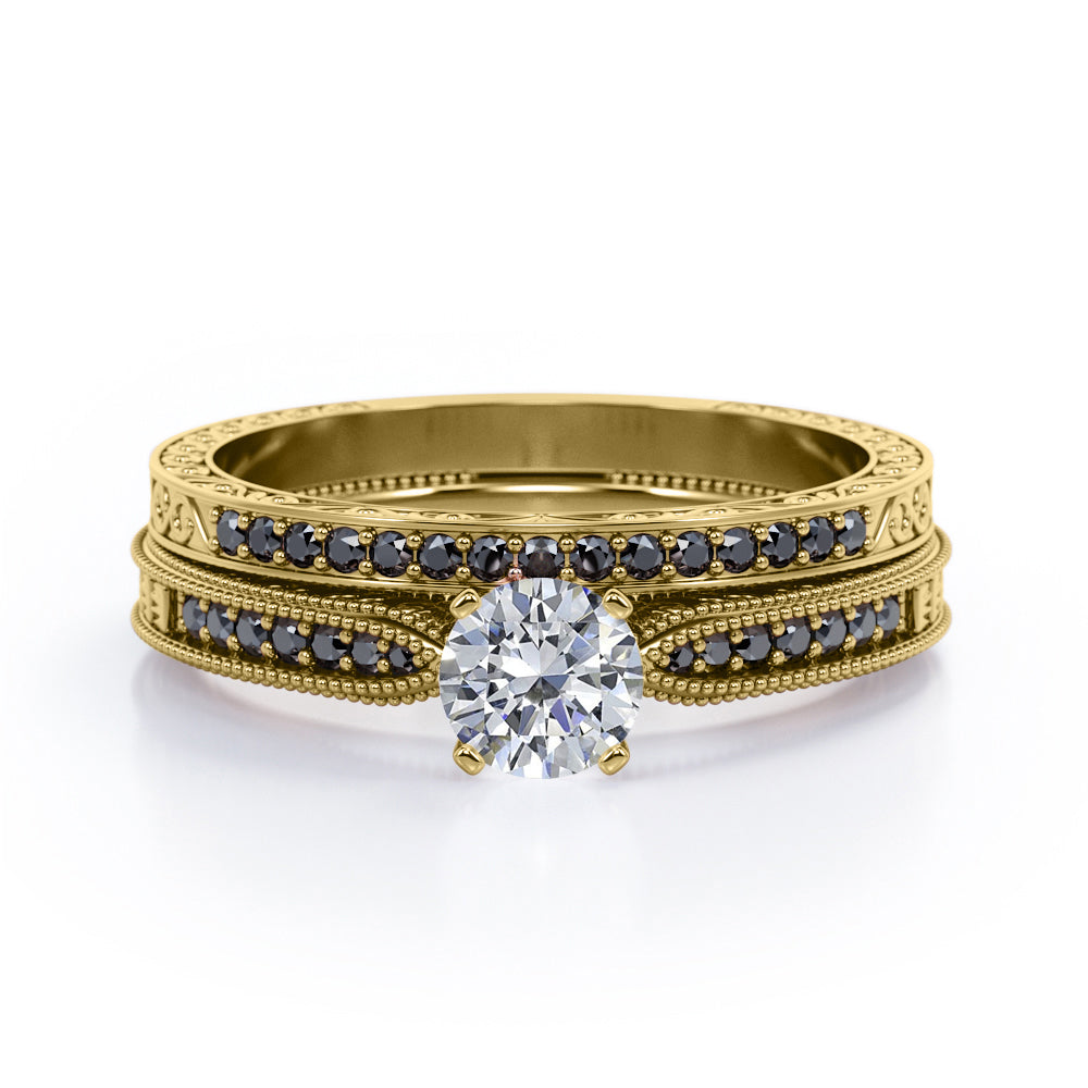 Milgrain-Edged 1.5 TCW Round-Shaped Moissanite with Lab Created Black Diamond Art Deco Victorian Design Wedding Set in Rose Gold