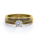 Milgrain-Edged 1.5 TCW Round-Shaped Moissanite with Lab Created Black Diamond Art Deco Victorian Design Wedding Set in Rose Gold