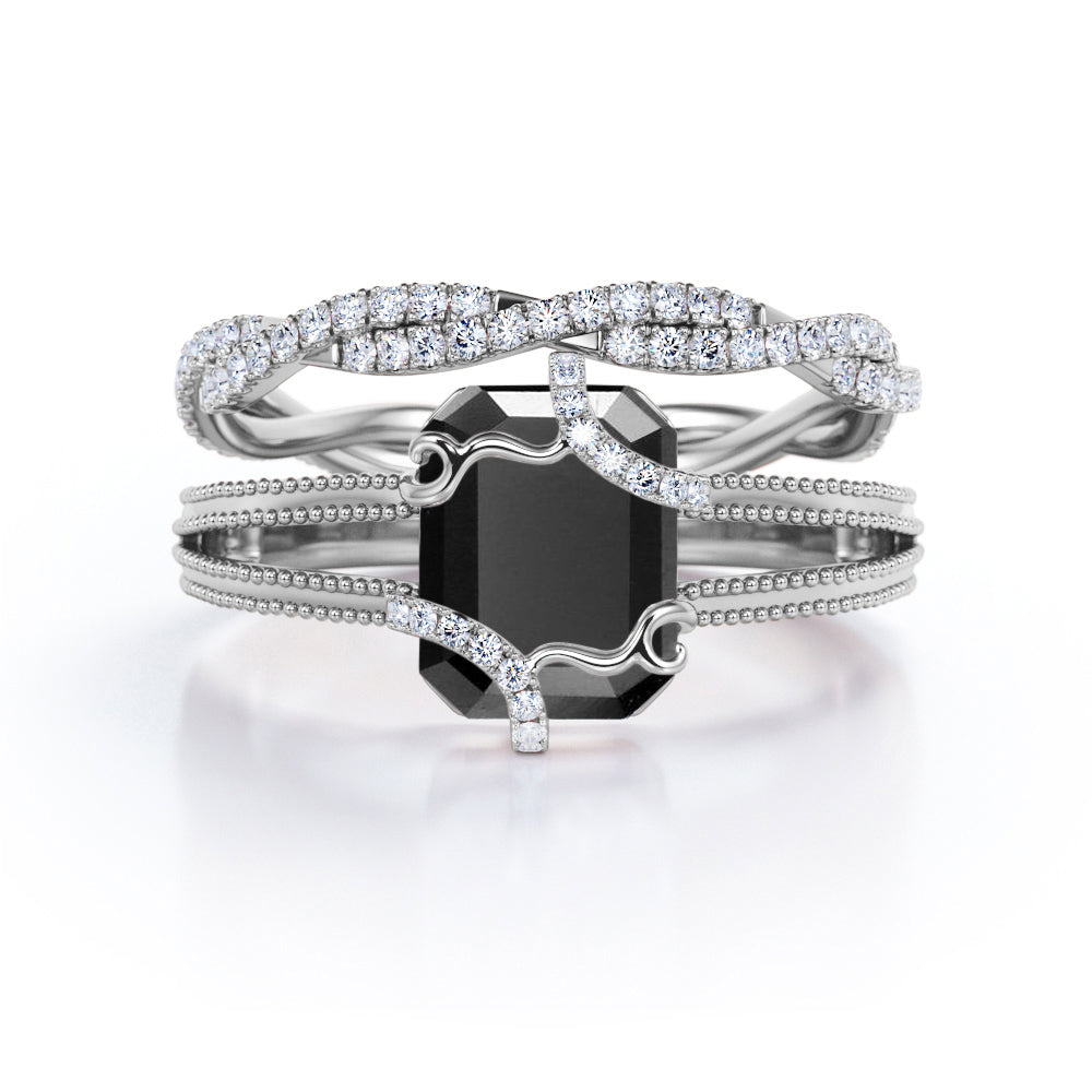 Artdeco scalloped 1.50 Carat Lab Black Diamond Wedding Ring Set for Women in Rose Gold