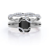 Artdeco scalloped 1.50 Carat Lab Black Diamond Wedding Ring Set for Women in Rose Gold