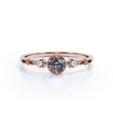 Milgrain Bezel Set 0.60 Carat Round Cut Dendritic Black Rutilated Quartz and Diamond 3 Stone Dainty Engagement Ring