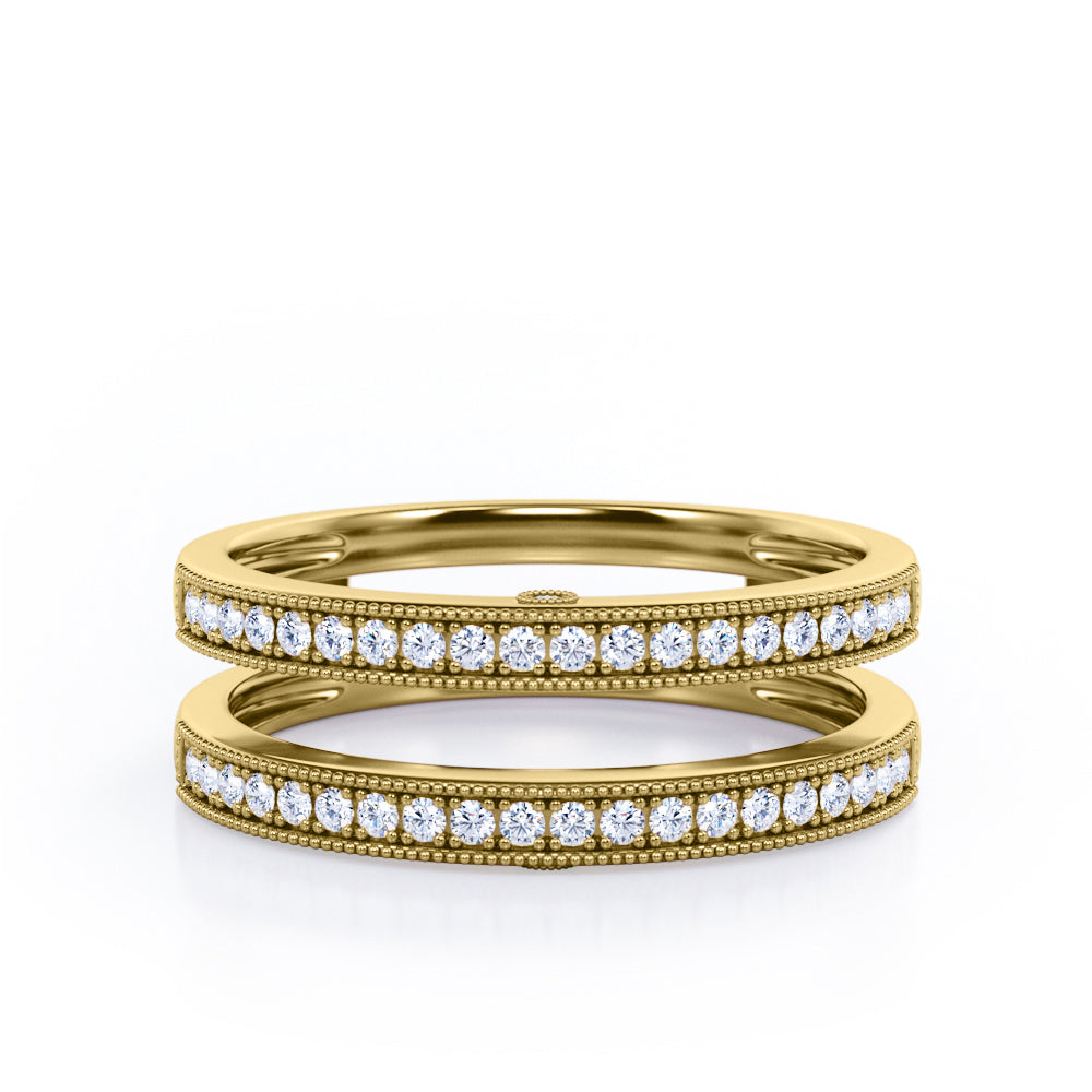 Milgrain Decorated Dual Band - 0.3 TCW Round Cut Diamond - Scalloped Pave Channel Wedding Band - 10K White Gold