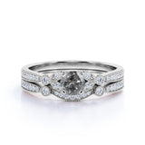 Art Deco 1 Carat Round Cut Natural Salt and Pepper Diamond Vintage Floral Wedding Ring Set in 18k White Gold over Silver