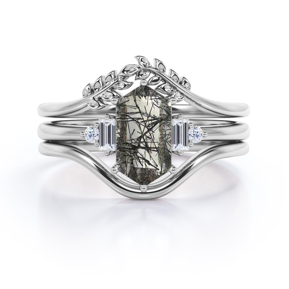 Leaf 1.15 ct Hexagon Black Rutilated Quartz Five Stone Bridal Set