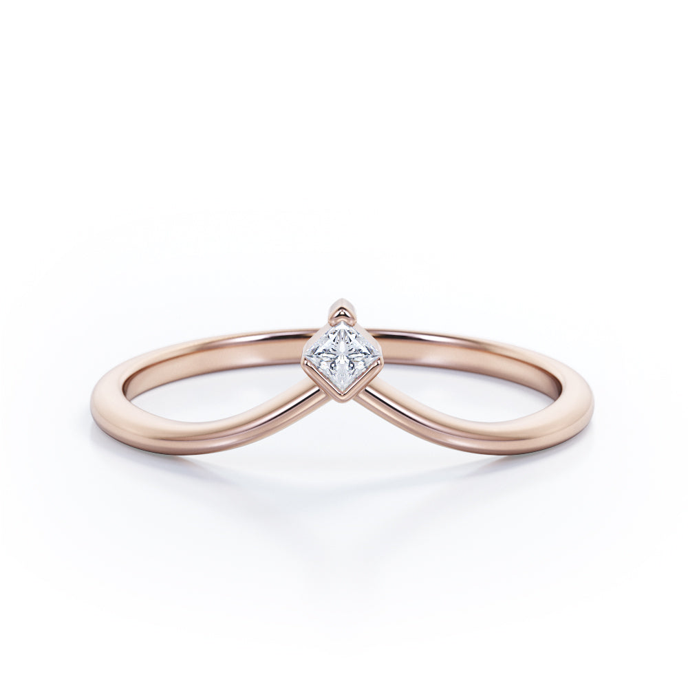 0.05 TCW Round Shaped Diamond - Half Bezel Setting - V Curved Wedding Band - Yellow Gold