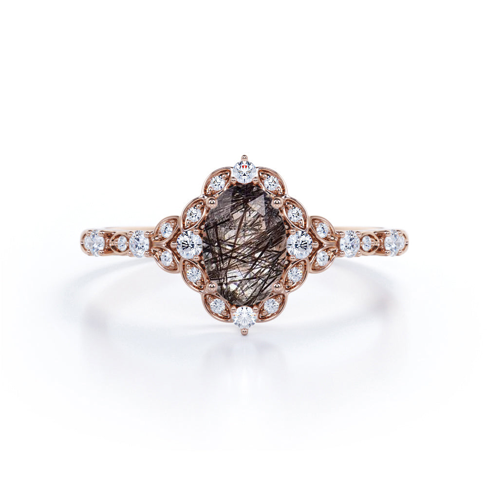 1.50 ct Oval Black Rutilated Quartz Bezel Art Deco Engagement Ring