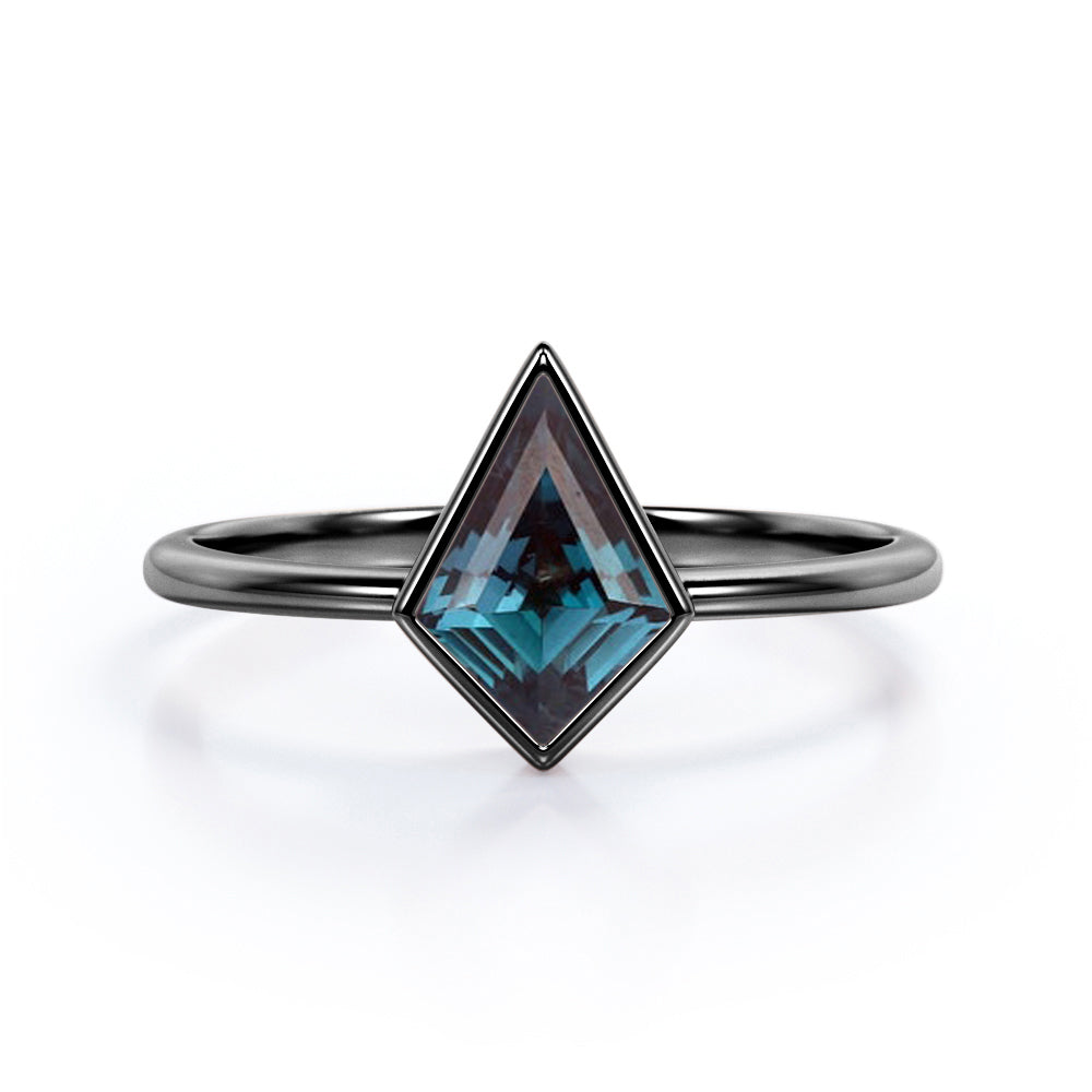 Bezel Set 0.85 Carat Kite Shaped Lab Created Alexandrite Solitaire Engagement Ring In White Gold