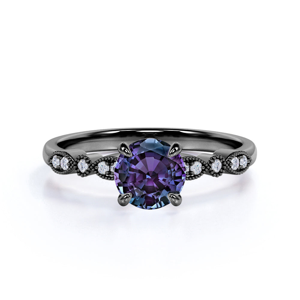 Four Claw 1.25 Carat Round Cut Lab Grown Alexandrite and Diamond Art Deco Solitaire Engagement Ring