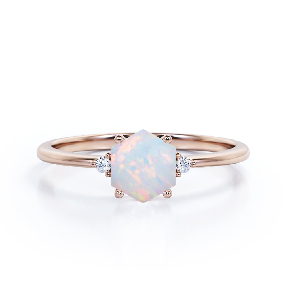 Geometric 1.05 Carat Hexagon Cut Genuine Opal And Diamond Three Stone Trilogy Engagement Ring In White Gold.