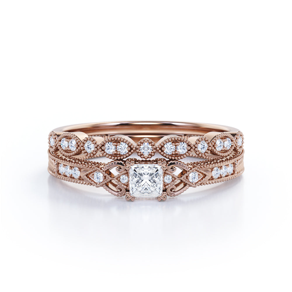 0.50 Carat Princess Cut Diamond Antique Art Deco Bridal Set In White Gold