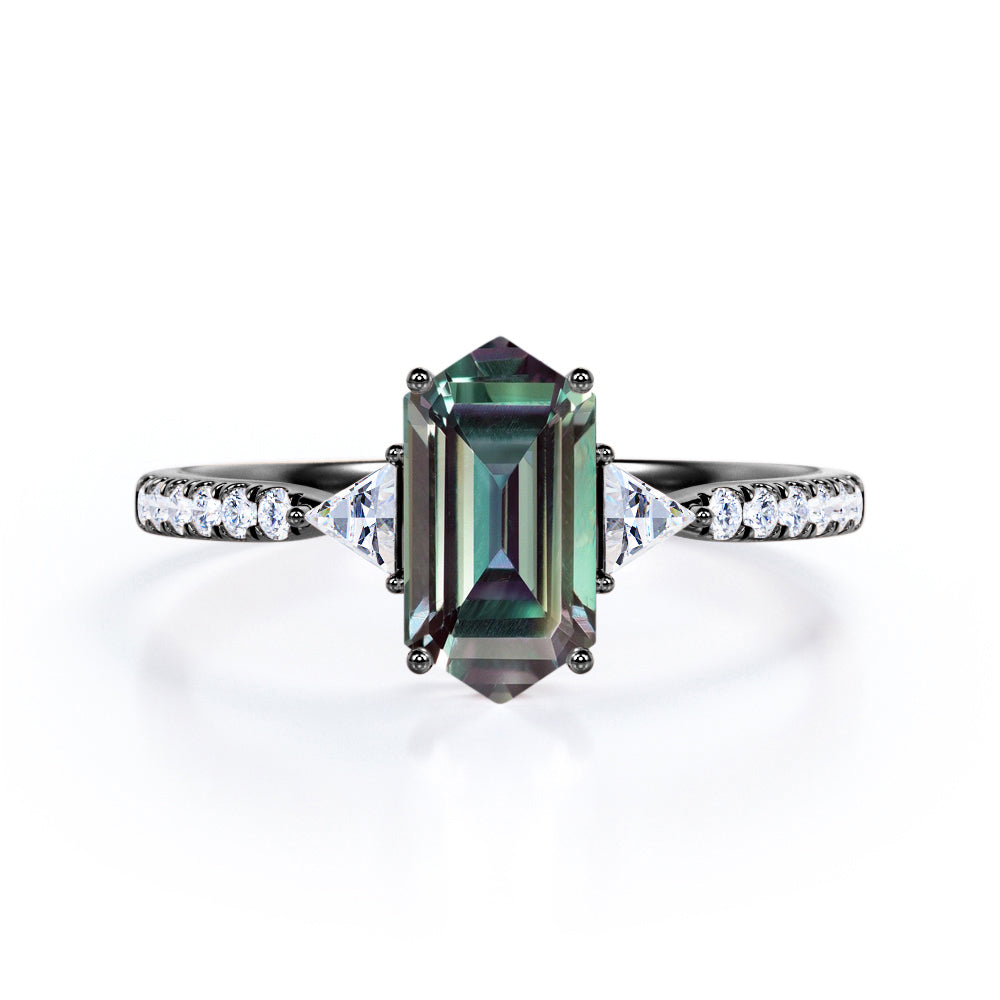 Asymmetric 1.45 Carat Hexagon Shaped Lab Created Alexandrite And Diamond Basket Set Pave Engagement Ring In White Gold