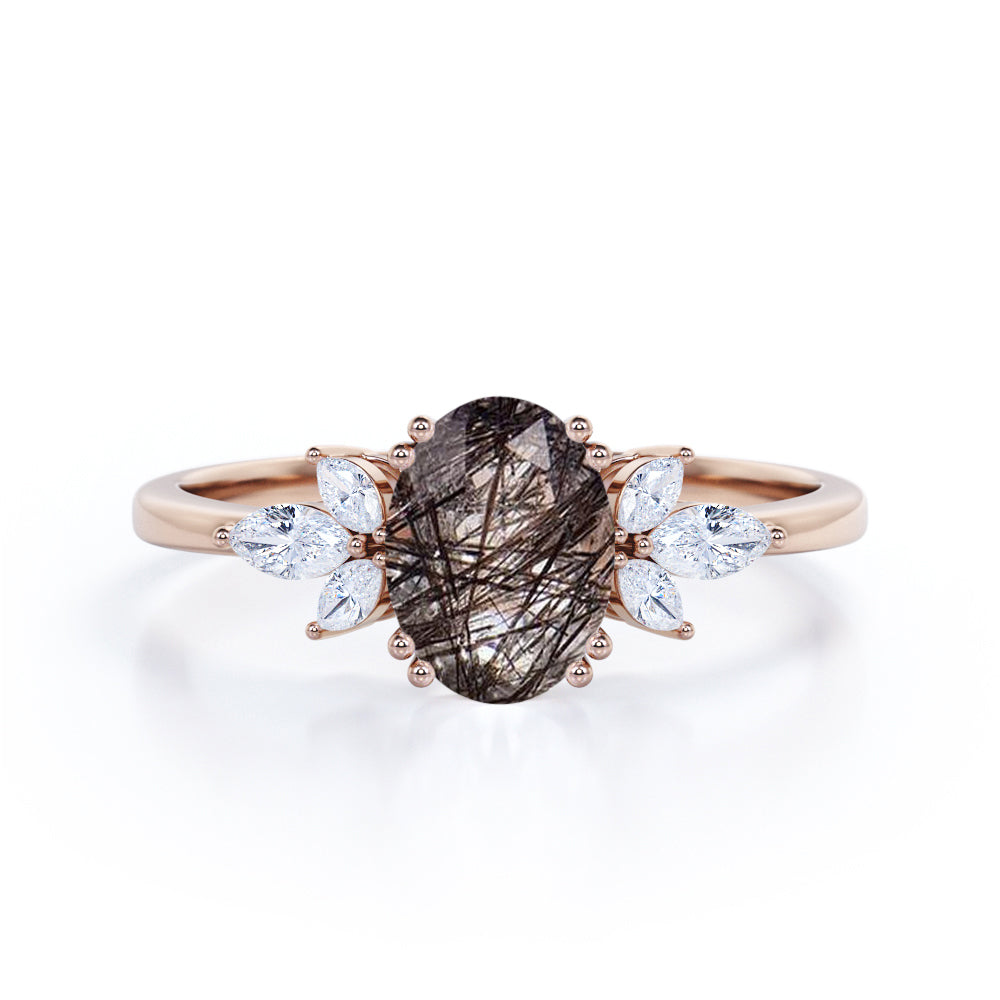 Seven Stone Eight Prongs 1.40 Carat Oval Cut Druzy Black Rutilated Quartz And Diamond Nature Inspired Engagement Ring In White Gold