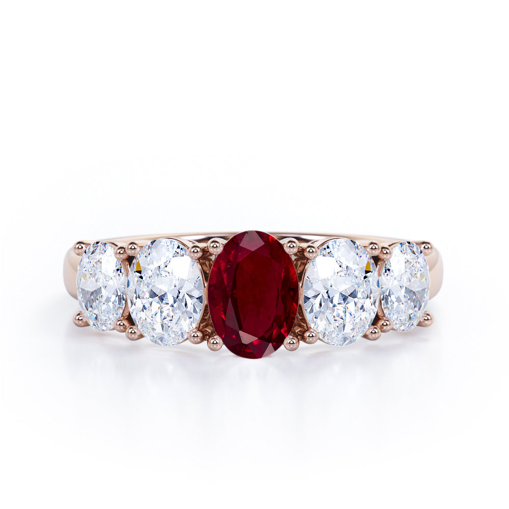 Oval Basket Set 1.25 carat Lab Ruby and moissanite Fine Jewelry Ring in White Gold