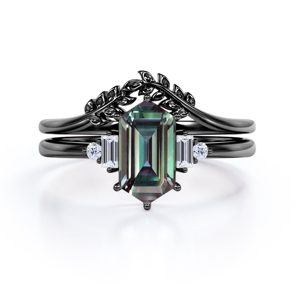 Floral Pattern 1.15 Carat Hexagon Shaped Lab Created Alexandrite And Diamond Nature Inspired Five Stone Wedding Ring Set In White Gold