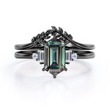 Floral Pattern 1.15 Carat Hexagon Shaped Lab Created Alexandrite And Diamond Nature Inspired Five Stone Wedding Ring Set In White Gold