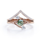 Three Stone Ring Twig-Inspired with 0.7 carat Round Moss Agate and Moissanite Wedding Ring Set in Rose Gold