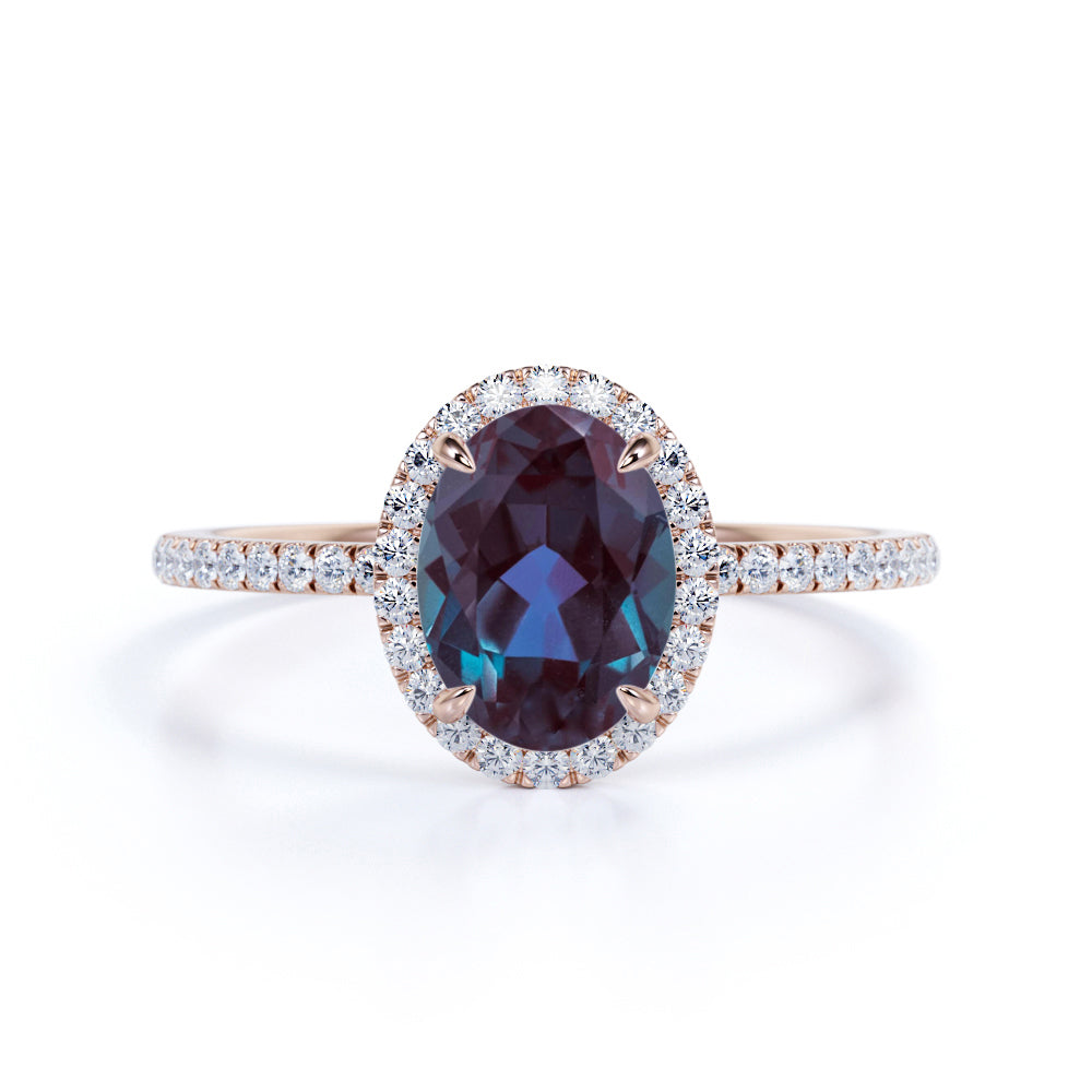 Minimalist 1.50 Carat Oval Cut Lab Made Alexandrite and Diamond Halo Pave Engagement Ring