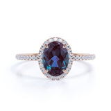 Minimalist 1.50 Carat Oval Cut Lab Made Alexandrite and Diamond Halo Pave Engagement Ring