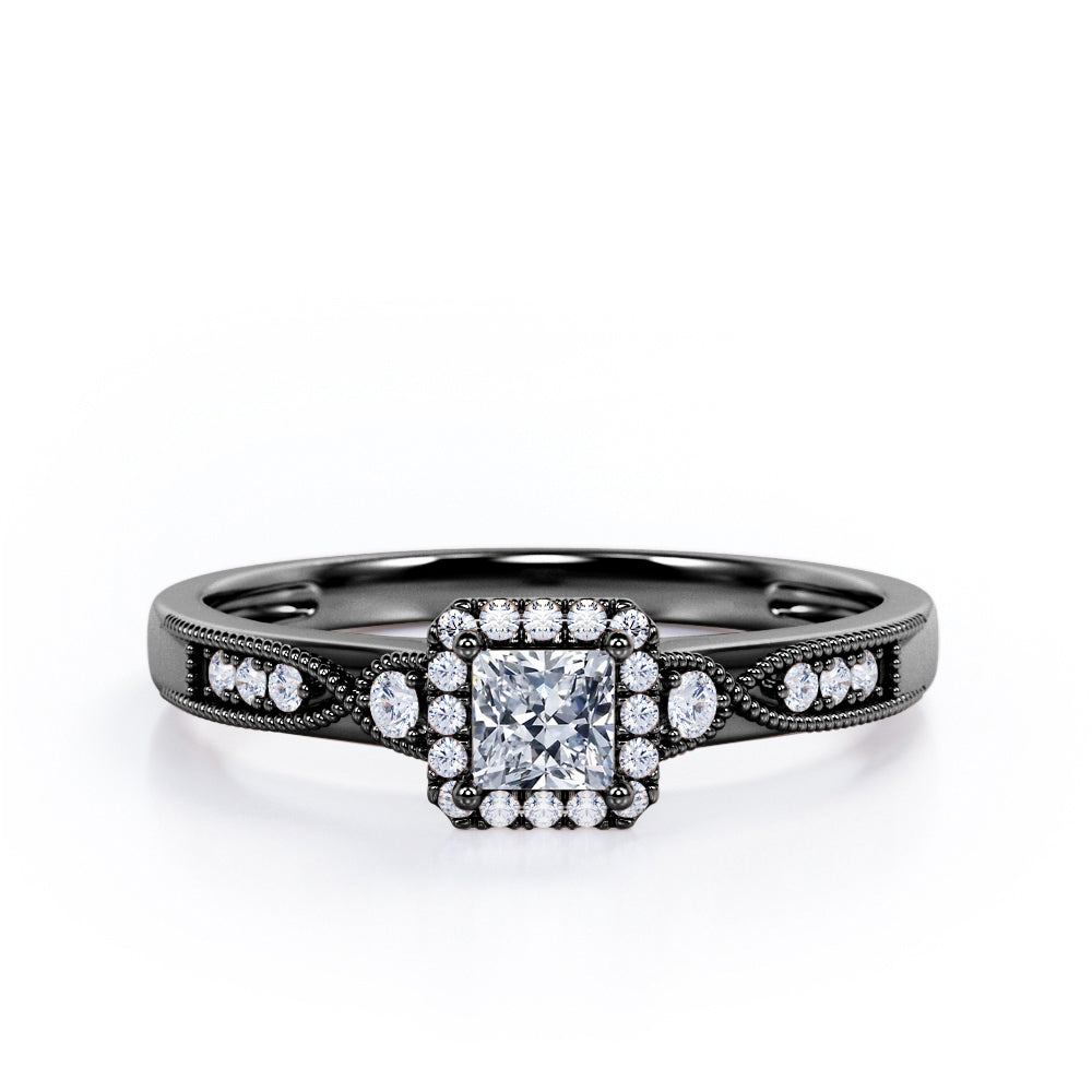 Infinity Milgrain - 1.15 Carat Princess Cut Moissanite and diamond - Petite Pave Channel - Halo Engagement Ring in Rose Gold