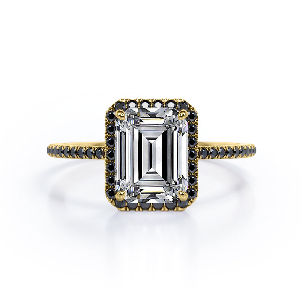 Halo-Style 1.5 TCW Emerald Cut Moissanite with Lab Created Black Diamond Engagement Ring with Pave Accents in Rose Gold