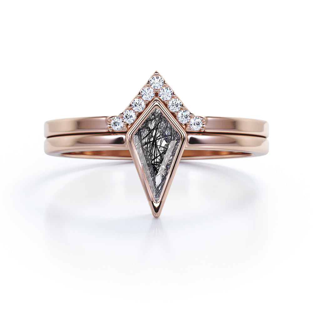 Crown Style Bezel Set 1.10 Carat Kite Shaped Natural Black Rutilated Quartz And Diamond V Shaped Bridal Set In White Gold