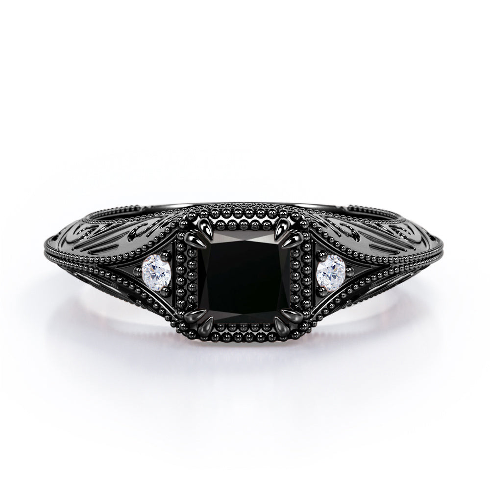 Vintage Eight Claws 1.10 Carat Princess Cut Black Diamond Three Stone Engagement Ring In White Gold