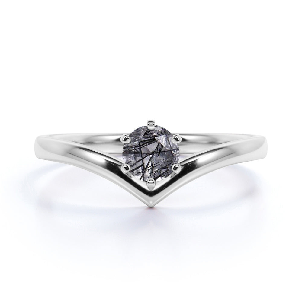 Classic Prong Basket 1 Carat Round Cut Smoky Black Rutilated Quartz Solitaire Engagement Ring