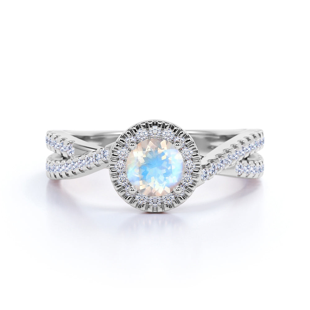 1 Carat Round Cut Blue Moonstone Split Shank Engagement Ring in Rose Gold