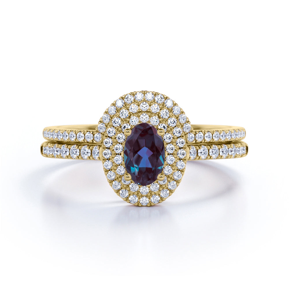 Unique Double Halo 2 Carat Oval Cut Artificial Blue Alexandrite with Diamond Semi Eternity Band Wedding Ring Sets in Rose Gold for Her
