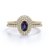 Unique Double Halo 2 Carat Oval Cut Artificial Blue Alexandrite with Diamond Semi Eternity Band Wedding Ring Sets in Rose Gold for Her
