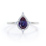 Simple Antique 5 Stone 1.25 Carat Pear Shaped Synthetic Purple Alexandrite and Diamond Halo Engagement Ring in White Gold for Women