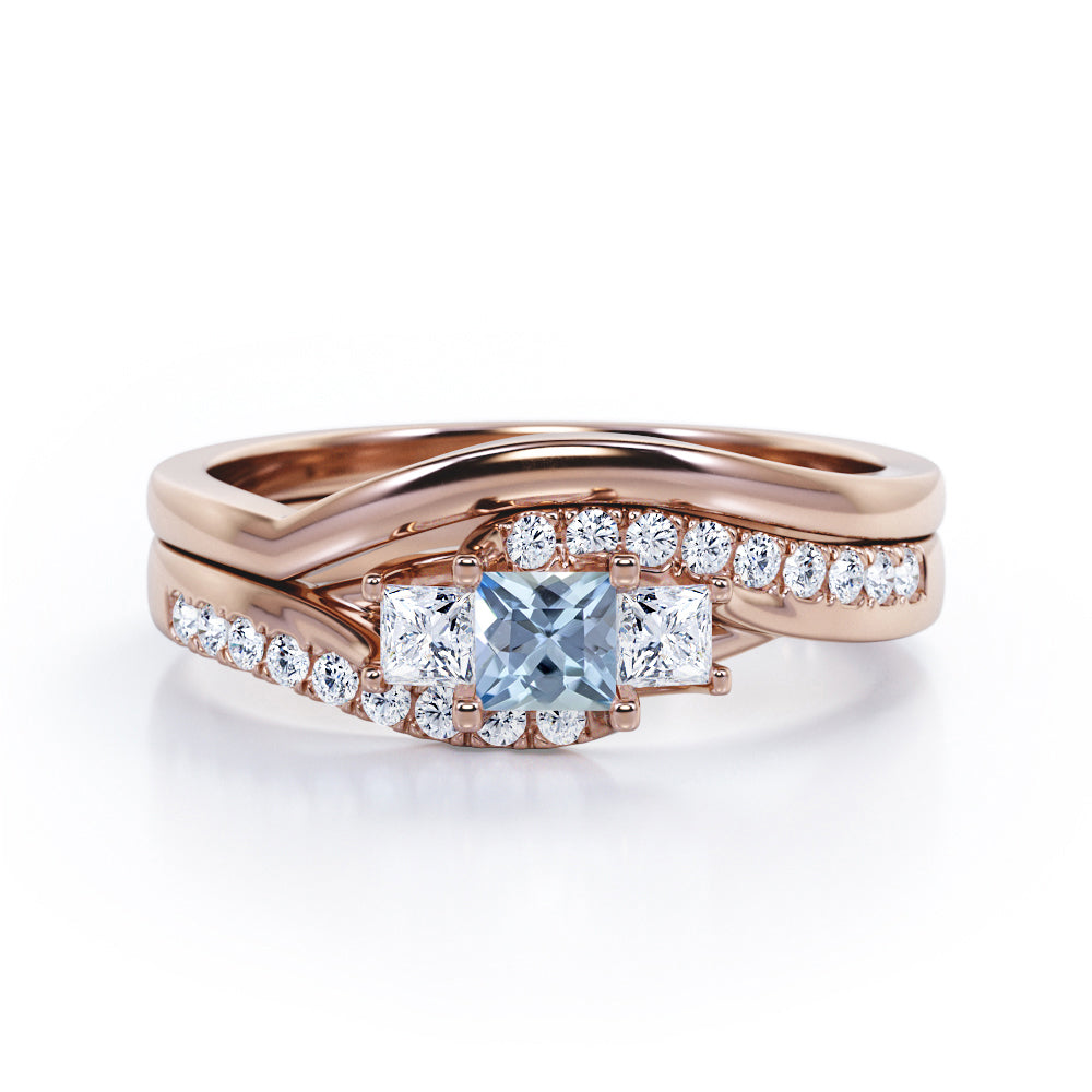 3 Stone Shared Prong - 1 TCW Princess Cut Aquamarine and Moissanite - Pave Curved Shank Wedding Set - White Gold