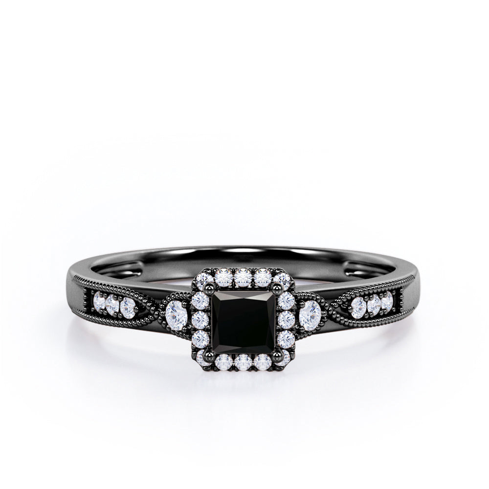 Infinity Milgrain - 1.15 Carat Princess Cut Black Diamond - Petite Pave Channel - Halo Engagement Ring in White Gold