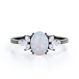 Leaf Design Eight Prongs 1.40 Carat Oval Cut Precious Fire Opal And Cubic Seven Stone Engagement Ring In Black Gold