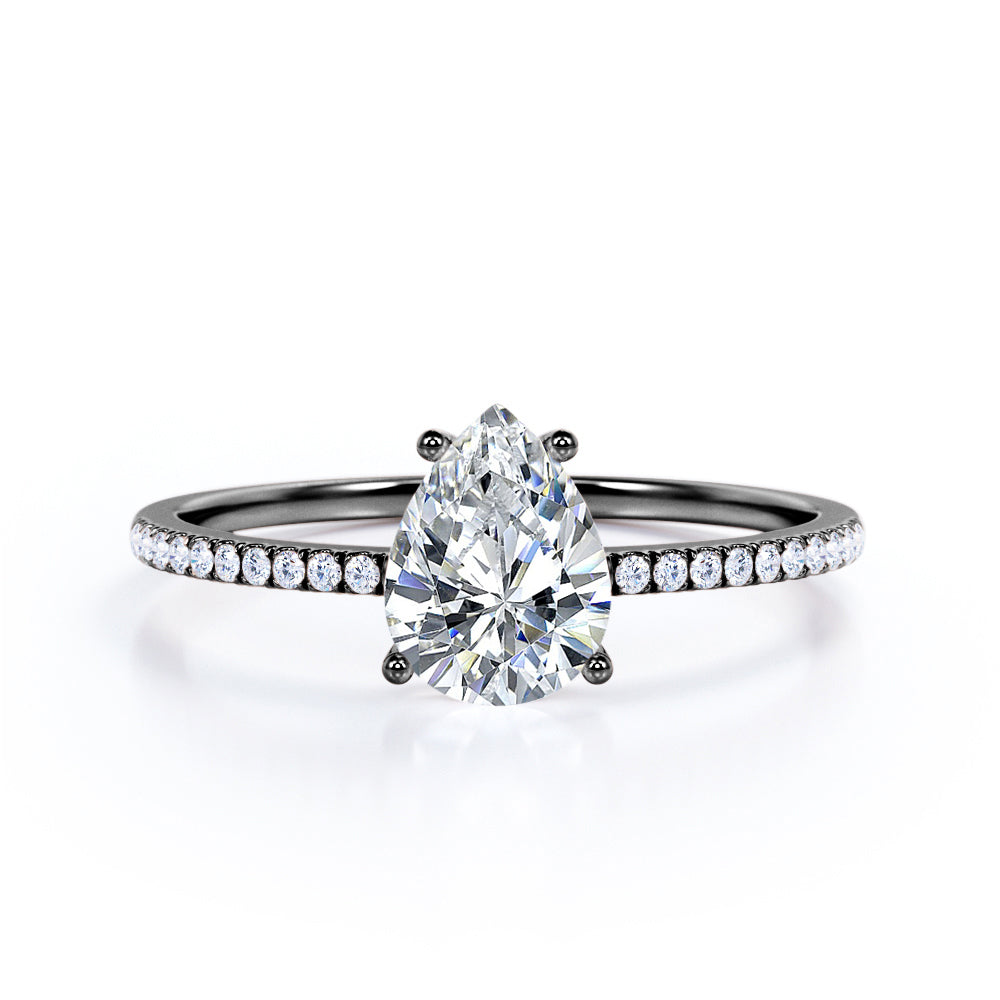 Classic Pave 0.7 carat Pear Moissanite and diamond Engagement Ring in White Gold